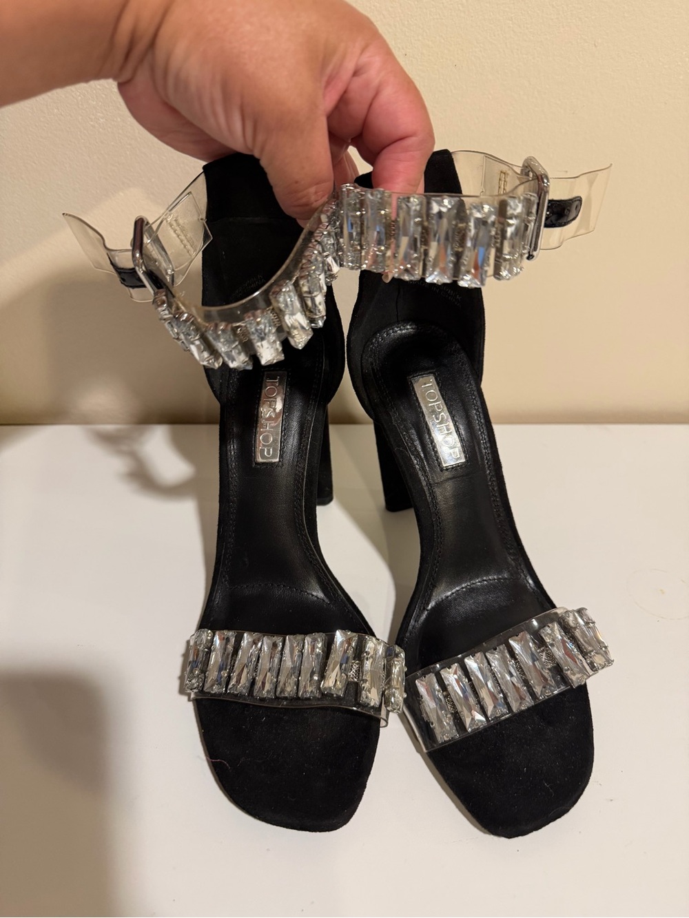 Topshop Black Crystal-Embellished Clear Strap Block Heels